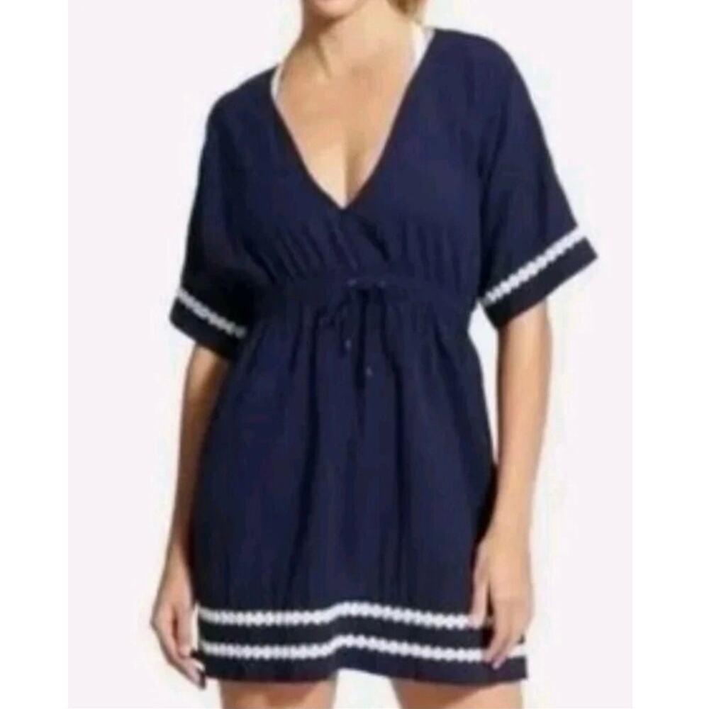 Athleta Dress Womens XS Navy V-Neck Lace Nautical Coastal Lightweight Resortwear